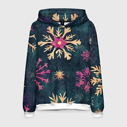 Толстовка-худи мужская Новогодние разноцветные снежинки, цвет: 3D-белый