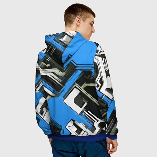 Мужская толстовка Сине-белый техно паттерн на чёрном фоне / 3D-Синий – фото 4