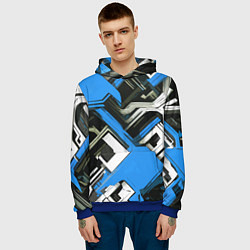 Толстовка-худи мужская Сине-белый техно паттерн на чёрном фоне, цвет: 3D-синий — фото 2