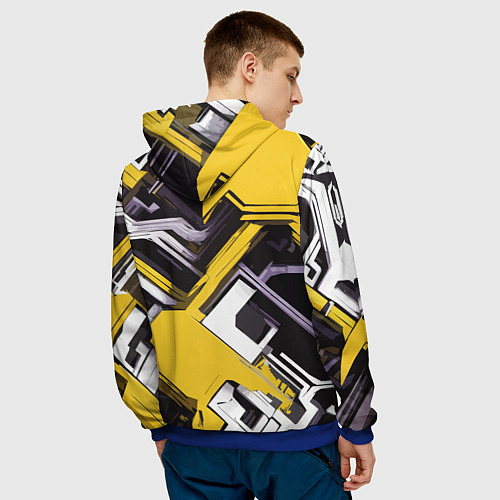Мужская толстовка Бело-жёлтый техно паттерн на чёрном фоне / 3D-Синий – фото 4