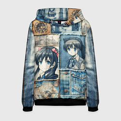 Толстовка-худи мужская Пэчворк деним и аниме, цвет: 3D-черный