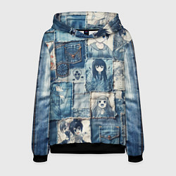 Толстовка-худи мужская Персонажи аниме на пэчворк, цвет: 3D-черный