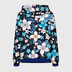 Мужская толстовка Сине-белые цветы на чёрном фоне