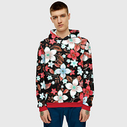 Толстовка-худи мужская Красно-белые цветы на чёрном фоне, цвет: 3D-красный — фото 2