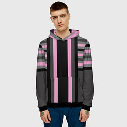 Толстовка-худи мужская Розово серый полосатый узор, цвет: 3D-черный — фото 2