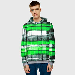 Толстовка-худи мужская Чёрные полосы на зелёном-белом фоне, цвет: 3D-меланж — фото 2