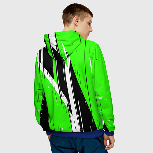 Мужская толстовка Чёрно-белые вертикальные полосы на зелёном фоне / 3D-Синий – фото 4