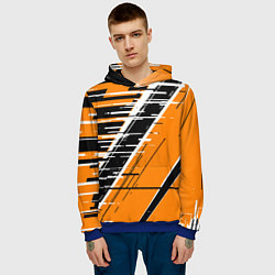 Толстовка-худи мужская Чёрно-белые глитч полосы на оранжевом фоне, цвет: 3D-синий — фото 2
