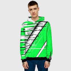 Толстовка-худи мужская Чёрно-белые глитч полосы на зелёном фоне, цвет: 3D-черный — фото 2