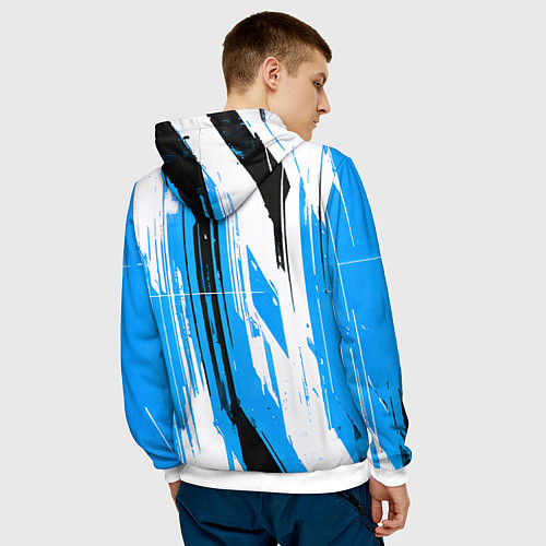 Мужская толстовка Вертикальные чёрно-белые линии на синем фоне / 3D-Белый – фото 4