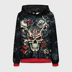 Толстовка-худи мужская Маска Хання на черепе самурая на фоне духов, цвет: 3D-красный