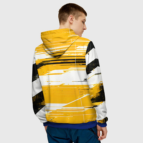 Мужская толстовка Горизонтальные чёрно-белые линии на жёлтом фоне / 3D-Синий – фото 4
