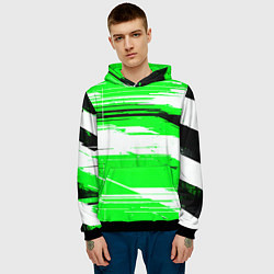 Толстовка-худи мужская Горизонтальные чёрно-белые линии на зелёном фоне, цвет: 3D-черный — фото 2