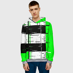 Толстовка-худи мужская Зелёные и чёрные полосы на белом фоне, цвет: 3D-меланж — фото 2