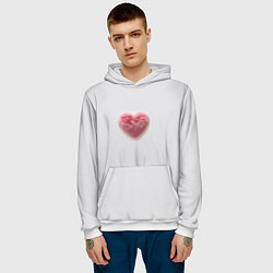 Толстовка-худи мужская Розовое объемное сердце из меха на сером фоне, цвет: 3D-белый — фото 2