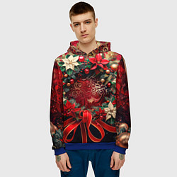 Толстовка-худи мужская Новогодний венок с пуансеттией - нейросеть, цвет: 3D-синий — фото 2