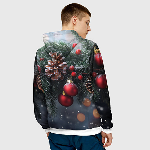 Мужская толстовка Красные игрушки на елке и шишки / 3D-Белый – фото 4