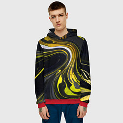 Толстовка-худи мужская Волнистые бело-жёлтые линии на чёрном фоне, цвет: 3D-красный — фото 2