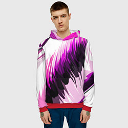 Толстовка-худи мужская Чёрно-розовые острые полосы на белом фоне, цвет: 3D-красный — фото 2