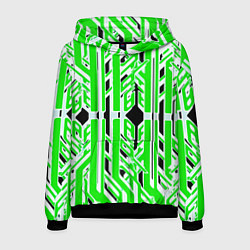Мужская толстовка Бело-зелёные техно полосы на чёрном фоне