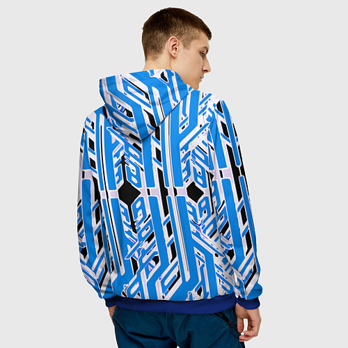 Мужская толстовка Бело-синие техно полосы на чёрном фоне / 3D-Синий – фото 4