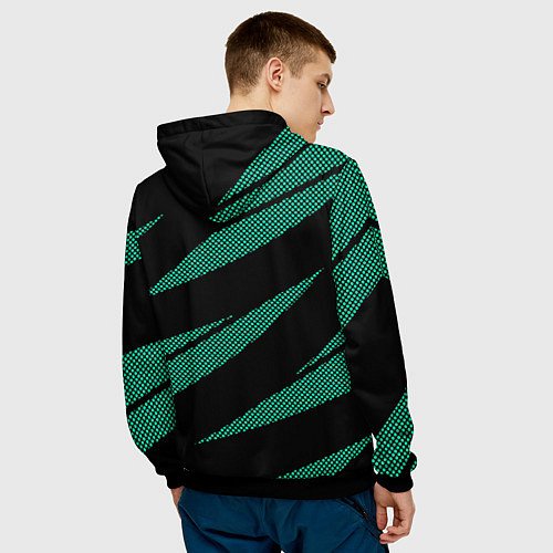 Мужская толстовка Чёрный с бирюзовым текстура точки и полосы / 3D-Черный – фото 4