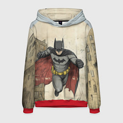 Толстовка-худи мужская Бэтмен летит между домами, цвет: 3D-красный