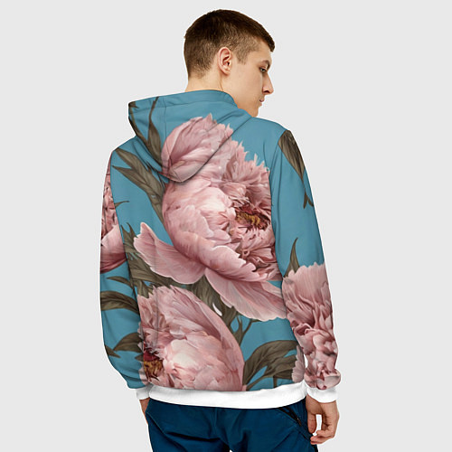 Мужская толстовка Розовые пионы на голубом / 3D-Белый – фото 4