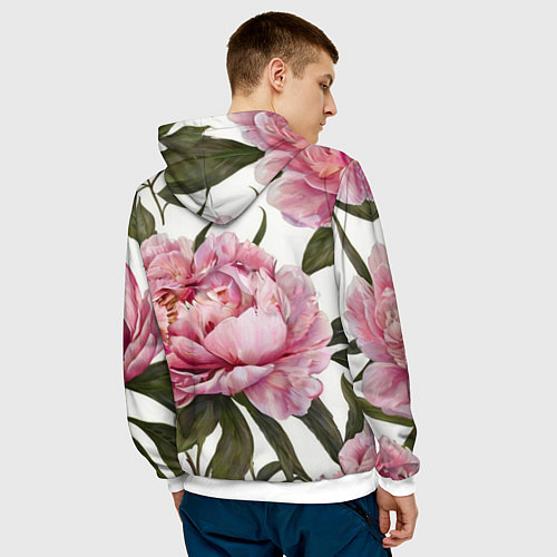 Мужская толстовка Розовые пионы на белом / 3D-Белый – фото 4