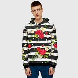 Толстовка-худи мужская Красные розы на черных полосках, цвет: 3D-черный — фото 2