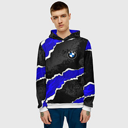 Толстовка-худи мужская BMW - синие разрывы, цвет: 3D-белый — фото 2