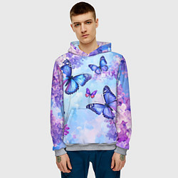 Толстовка-худи мужская Бабочки и сирень - нежная голубая живопись, цвет: 3D-меланж — фото 2