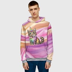 Толстовка-худи мужская Котенок в костюме единорога, цвет: 3D-меланж — фото 2