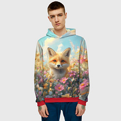 Толстовка-худи мужская Лиса в цветочном поле, цвет: 3D-красный — фото 2