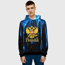Толстовка-худи мужская Золотой герб России на синей стекающей текстуре, цвет: 3D-черный — фото 2