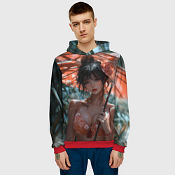 Толстовка-худи мужская Азиатская девушка с зонтом, цвет: 3D-красный — фото 2