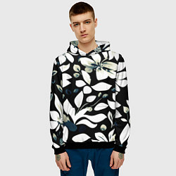 Толстовка-худи мужская Чёрный с белыми крупными цветами, цвет: 3D-черный — фото 2