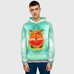 Толстовка-худи мужская Веселая лисичка ест арбуз, цвет: 3D-меланж — фото 2