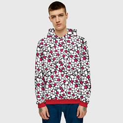Толстовка-худи мужская Мелкий красно белый мозаичный узор на черном, цвет: 3D-красный — фото 2