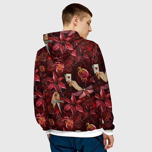 Мужская толстовка Бордовая готика с сердцем, лилиями и мотыльками / 3D-Белый – фото 4