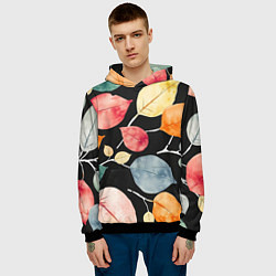 Толстовка-худи мужская Разноцветные акварельные листья на чёрном, AI, цвет: 3D-черный — фото 2