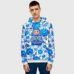Толстовка-худи мужская Русская матрёшка в гжельских узорах, цвет: 3D-белый — фото 2