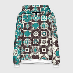 Толстовка-худи мужская Бирюзово-коричневая геометрическая текстура, цвет: 3D-белый