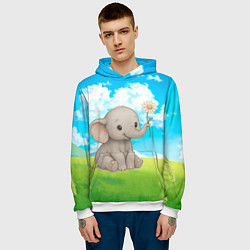 Толстовка-худи мужская Слоненок с цветочком, цвет: 3D-белый — фото 2
