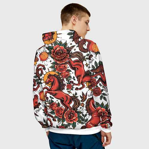 Мужская толстовка Красный конь в стиле татуировки / 3D-Белый – фото 4