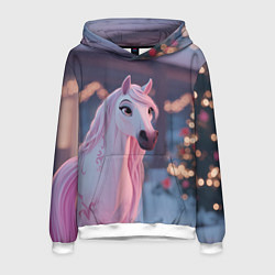 Толстовка-худи мужская Лошадка и новогодняя елка, цвет: 3D-белый