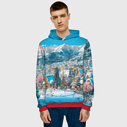 Толстовка-худи мужская Новогодняя деревушка в горах, цвет: 3D-красный — фото 2