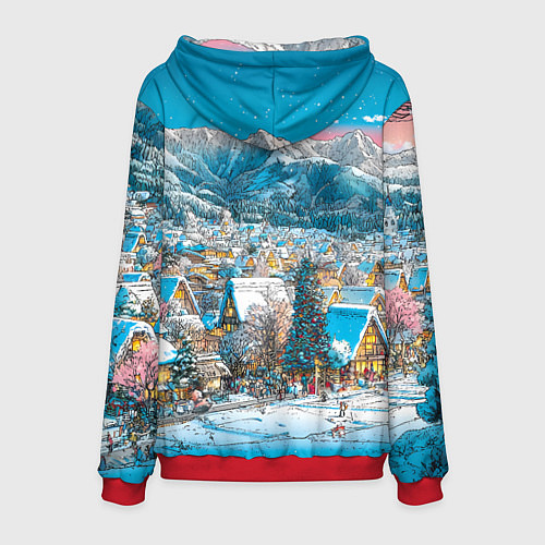 Мужская толстовка Новогодняя деревушка в горах / 3D-Красный – фото 2
