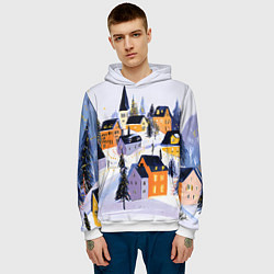 Толстовка-худи мужская Новогодние домики на горе, цвет: 3D-белый — фото 2
