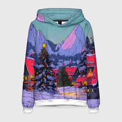 Толстовка-худи мужская Новогодние елки в горном городке, цвет: 3D-белый